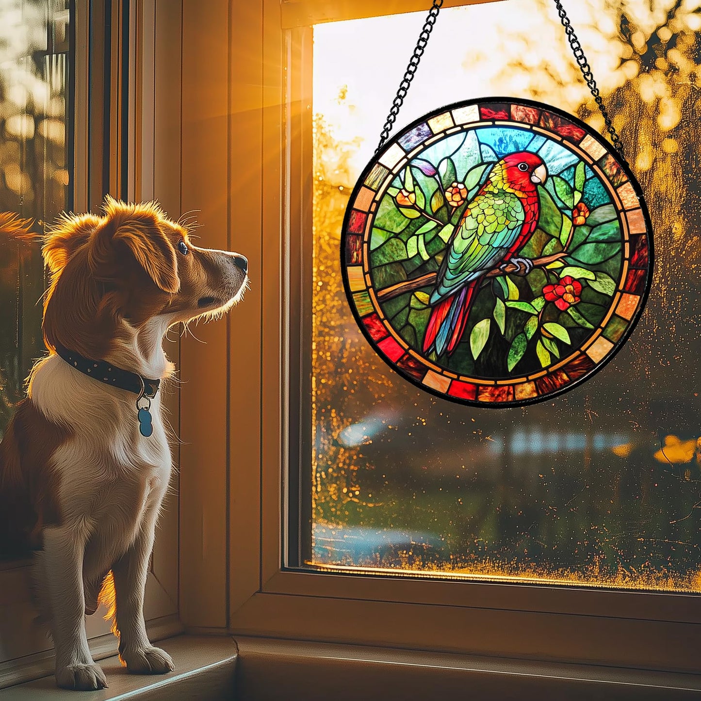 GEFOS Stained Glass Window Hanging Red Green Parrot On A Branch 6.3" - Suncatcher Door Garden Sunroom Sun Catcher Home Decor Birthday Christmas for Mom Men Woman Nana