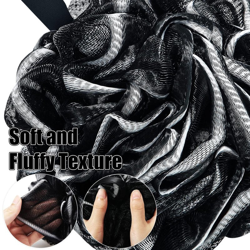 Shellwei 32 Pcs Bath Loofahs Sponge Shower Bulk 60 g for Men Black Large Charcoal Body Scrubber Mesh Shower Puff White Soft Exfoliating Pouf Balls for Women Bathing Accessories