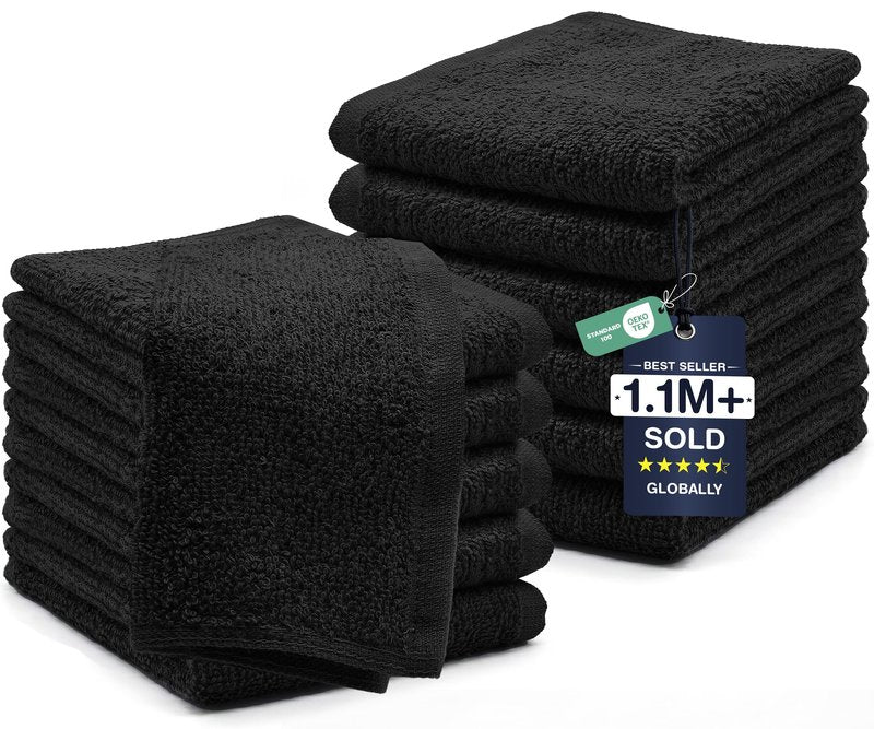 DAN RIVER 12 Pack Wash Cloths for Showering [12x12] - 100% Cotton Washcloths Premium Quality Flannel Face Cloths for Bathroom, Highly Absorbent and Soft Feel Wash Clothes, Black