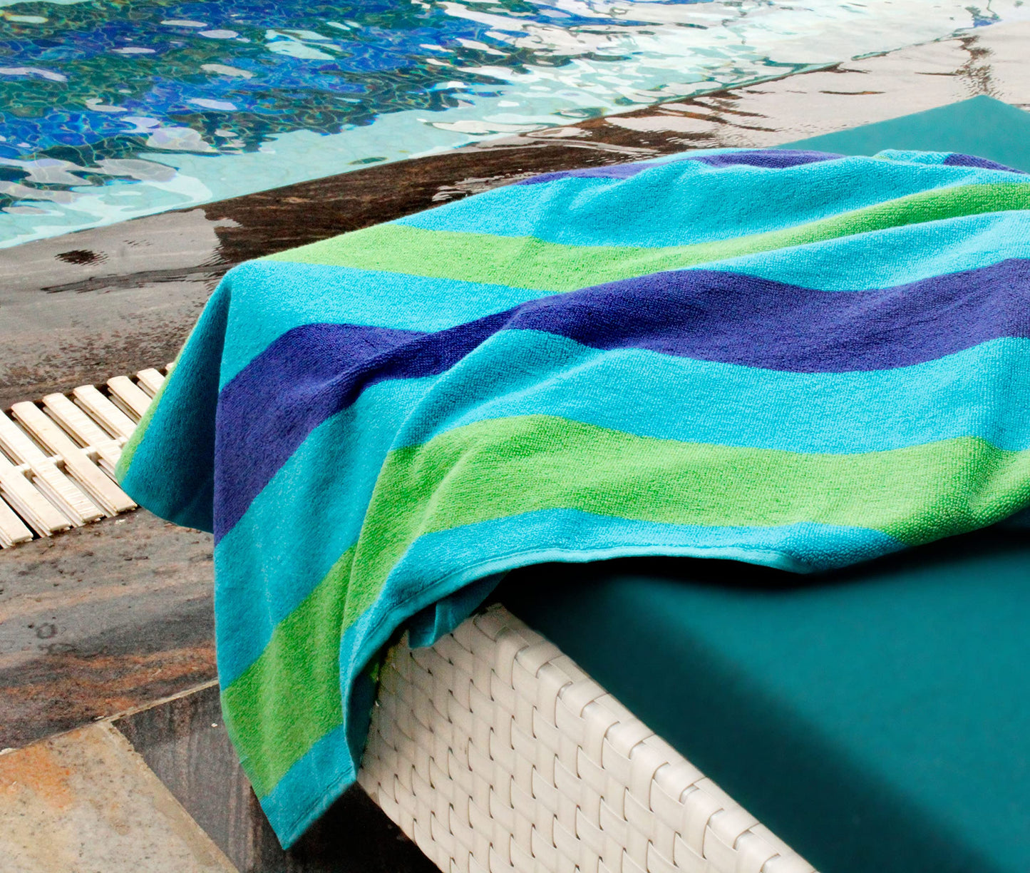COTTON CRAFT Oversized Extra Wide XL Beach Blanket Towel for Two - 58x68-100% Cotton Velour - Big & Huge - Pool Picnic Bath Jacquard Thick Plush Super Soft Luxury - 450 GSM - Cabana Stripe Blue Green
