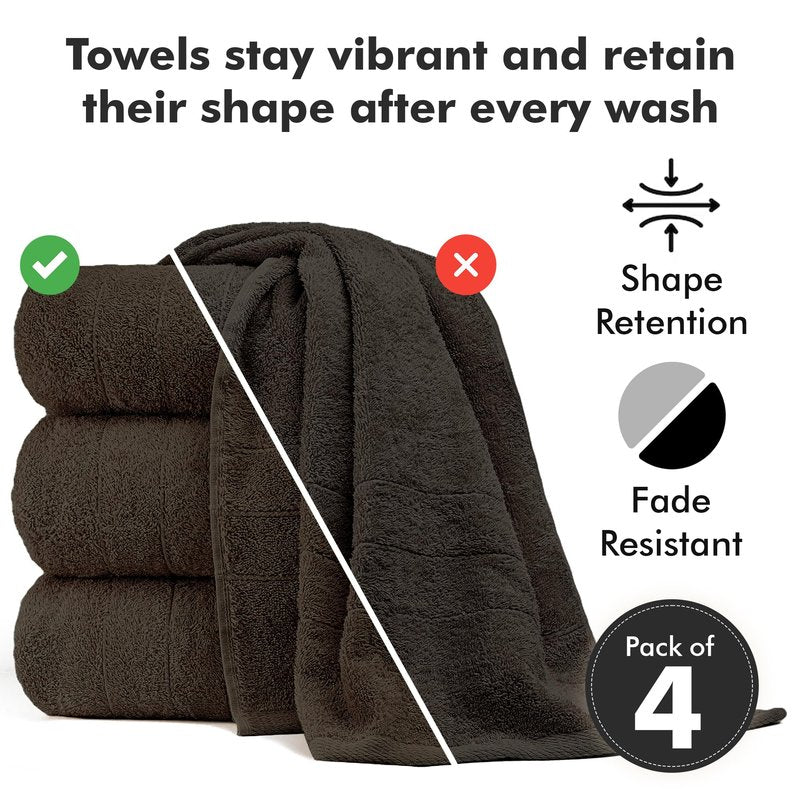 Novo Home Bath Towels Set of 4 – 100% Cotton Dark Brown Extra Large Towels for Bathroom, Spa Use (55x28 in) – Super Soft and Quick Dry Large Bath Sheets for Adults