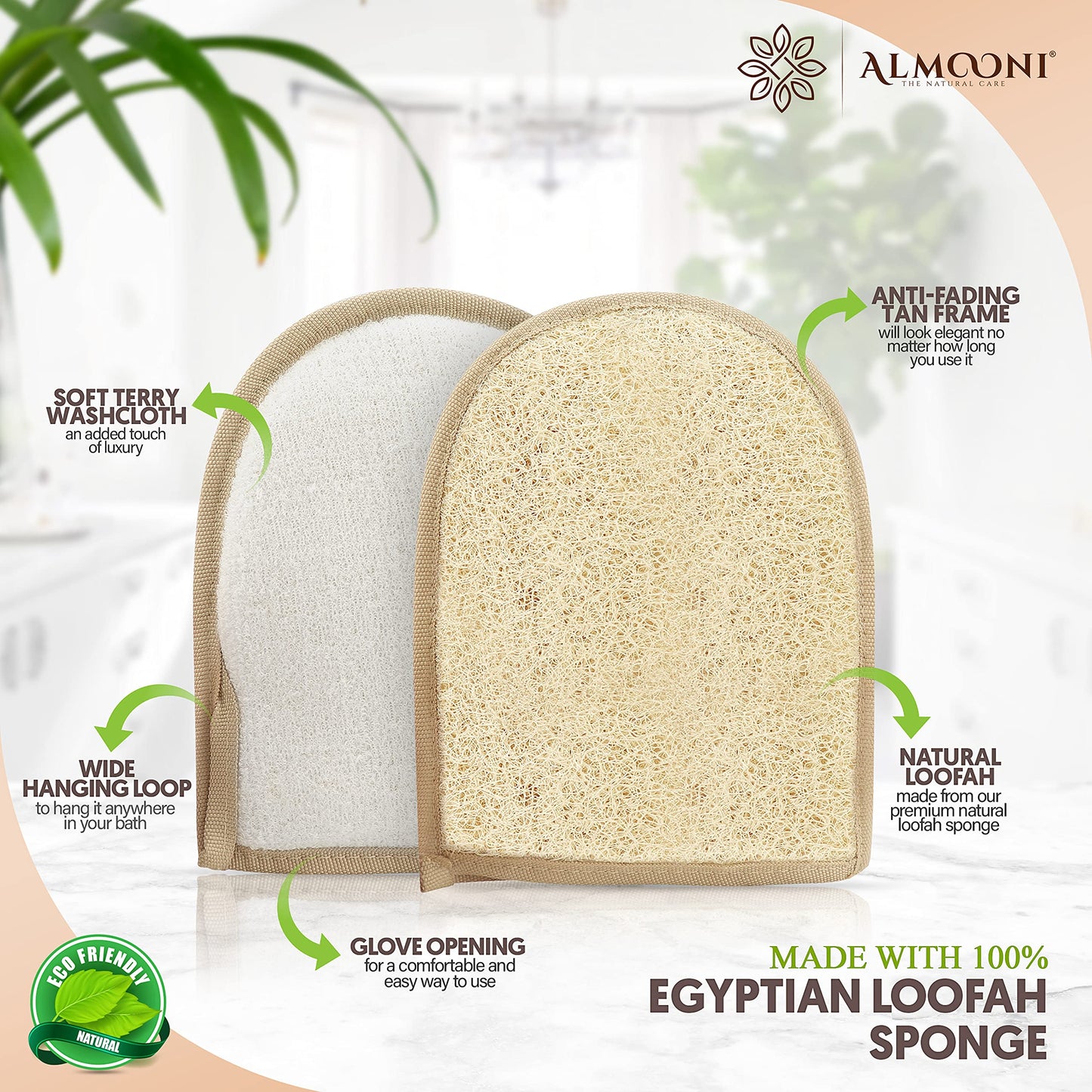 Almooni Egyptian Loofah Gloves for Women & Men, Real Natural Egyptian Loofah Mittens with Terry Cloth, Premium Exfoliating Mitt for Body Cleansing, 2-Pack