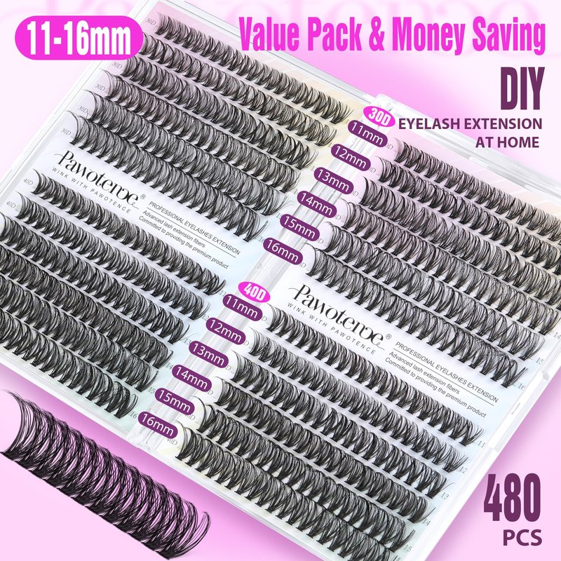 Pawotence Lash Clusters 480pcs Individual Lashes 30D 40D Cluster Eyelash Extensions 11-16mm Eyelash Clusters Lash Extensions for Self Application (30D&40D, 0.07D, 11-16mm Value Pack)