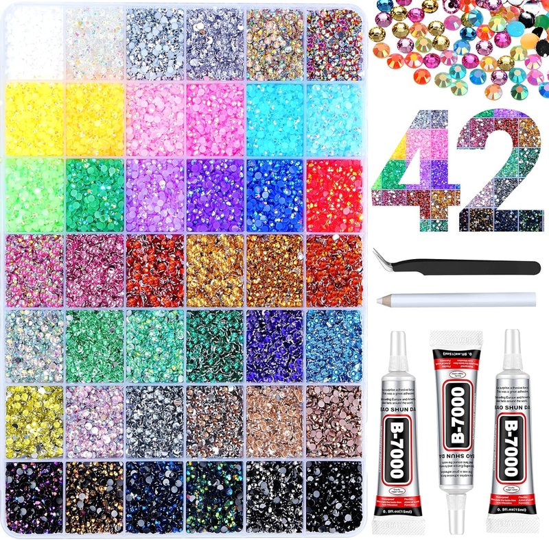 Jelly Rhinestones by 46000Pcs - 42 Colors of 3mm Multicolor Flatback Gems | Crystal Bedazzler Kit with B7000 Glue for Clothing, Shoes, Jewelry, and Nail Art