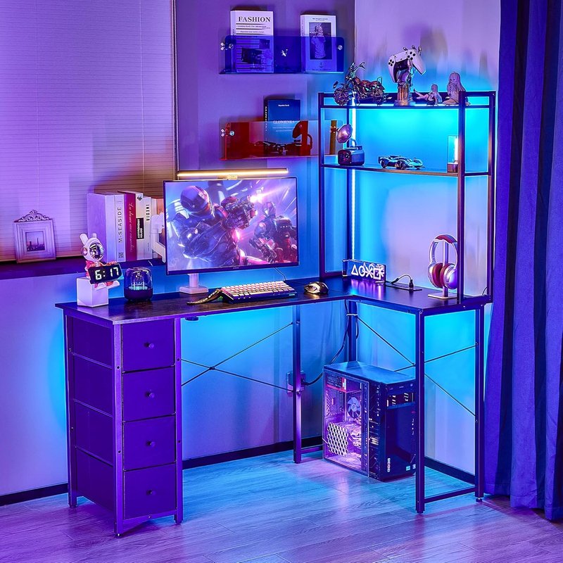 Aquzee L-Shaped Gaming Desk - 55" Reversible Computer Desk with Hutch, Drawers & LED Light | Black