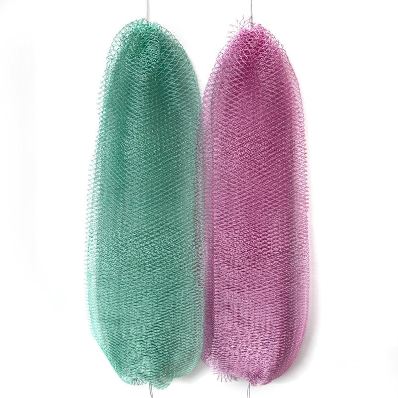 Rominetak African Net Sponge Authentic, 2 Pieces African Exfoliating Net Sponge with Knots, Quick-Drying Body Scrub Net, Bath Washcloth Loofah for Women and Men (Seafoam+Lavender Pink)