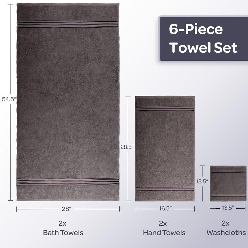 6 Piece Towel Set - 625 GSM 100% Cotton Bathroom Accessories - 2 Bath Towels, 2 Hand Towels, and 2 Wash Cloths - Soft and Absorbent Bath Sheets for Shower, Gym, Dorm, and Spa by Lavish Home (Charcoal)