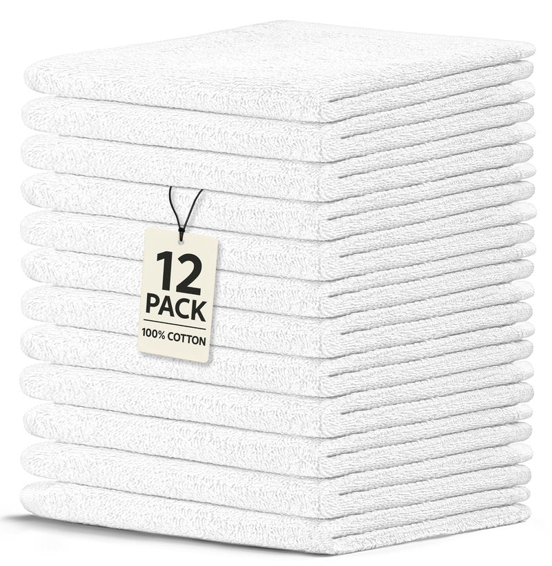 Crystal Ridge Cotton Wash Cloths 12 Pack - Washcloths for Showering, Face and Body, Soft and Highly Absorbent Multipurpose Towels for Bathroom, Kitchen, Spa and Gym - Wash Rags 12 x12 (White)