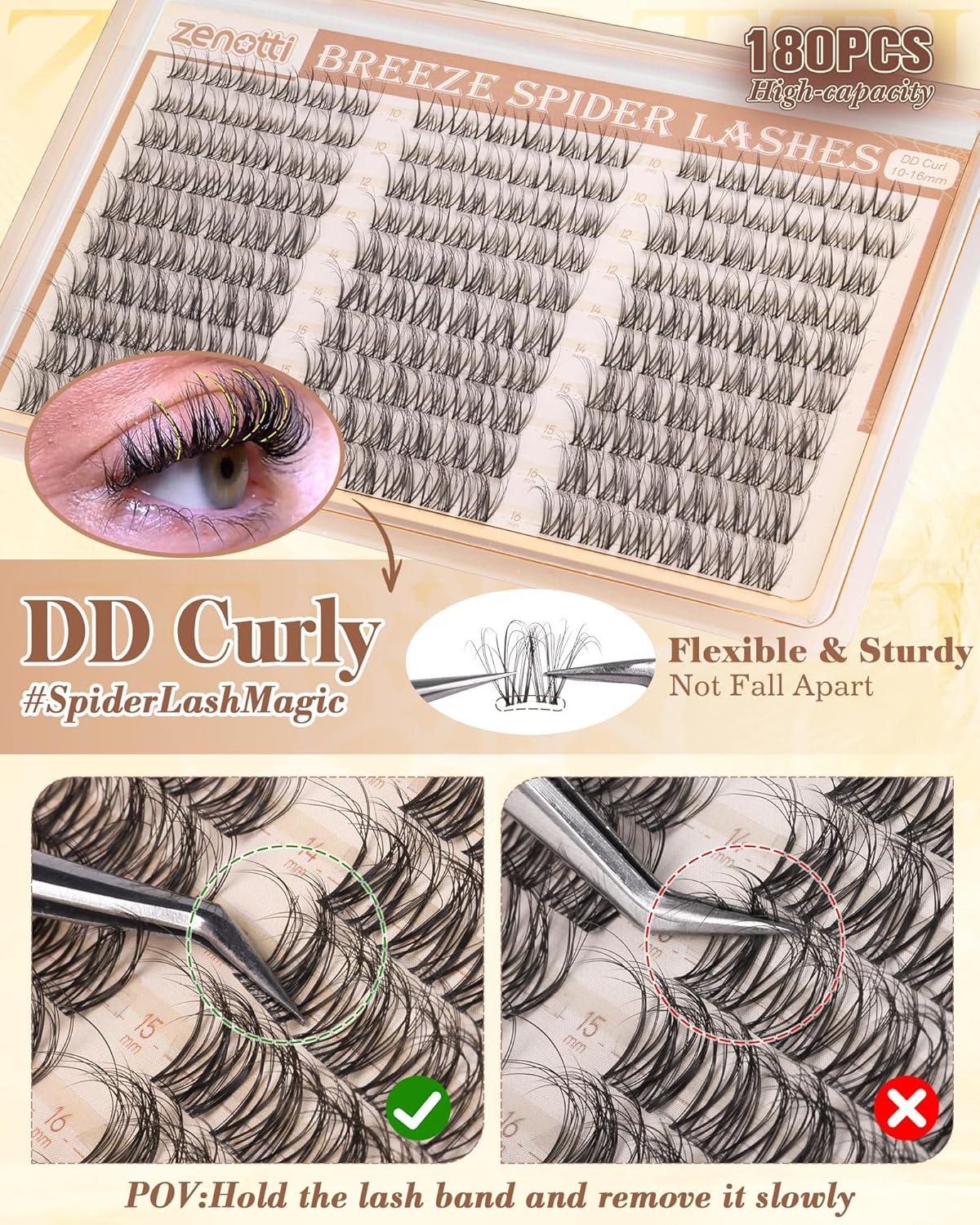Spider Breeze Lash Clusters - DD Curl 180PCS Natural Wispy Eyelash Extensions | Kim K Style with Invisible Band