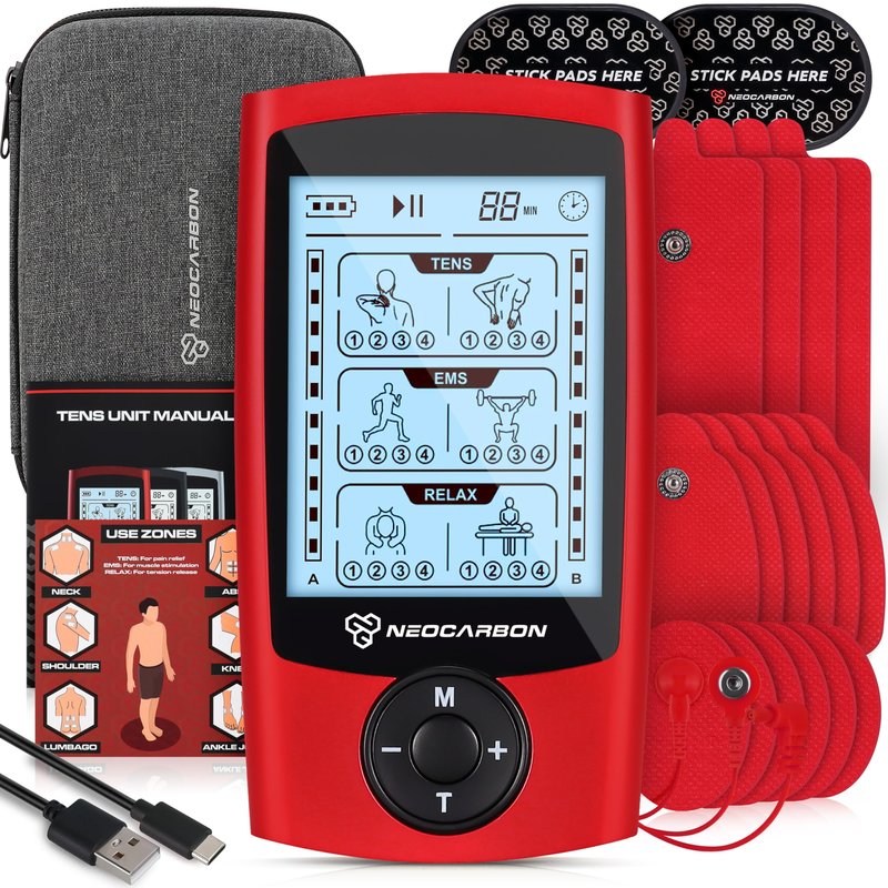 NEOCARBON TENS Unit Muscle Stimulator, Massager Machine for Shoulder, Neck, Sciatica and Back Pain Relief, Electronic Pulse Massage Physical Therapy, Red