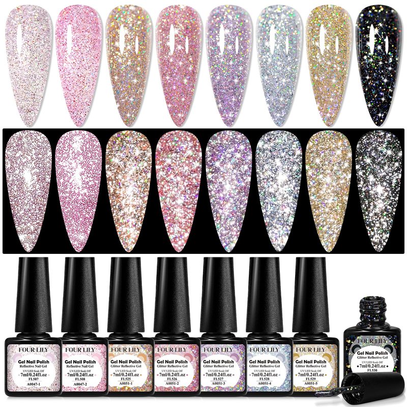 Four Lily Reflective Glitter Gel Nail Polish Set of 8 Colors Pink Red Black Silver Shimmer Sparkle Gel Polish Collection Kit LED Soak Off Nail Polish Manicure Art Gel Kit Home DIY Nail Salon