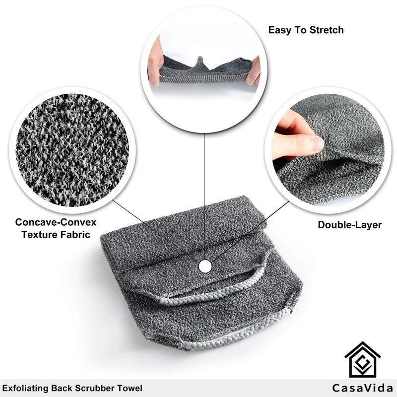 CASAVIDA Back Scrubber for Shower Nylon Bath Towel Washer Exfoliating Washcloth Rear Japanese Stretchable Strap Wash Cloth Body Exfoliation 2 Pack (Gray + Blue)