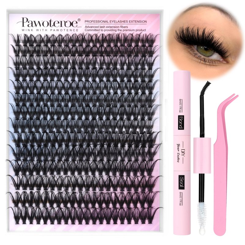Pawotence Lash Extension Kit DIY 40D 12-18mm Individual Lashes Clusters Kit 280pcs Cluster Eyelash Extensions Kit with Lash Bond and Seal, Tweezers for Self Application (Long 40D, 12-18mm, Kit)