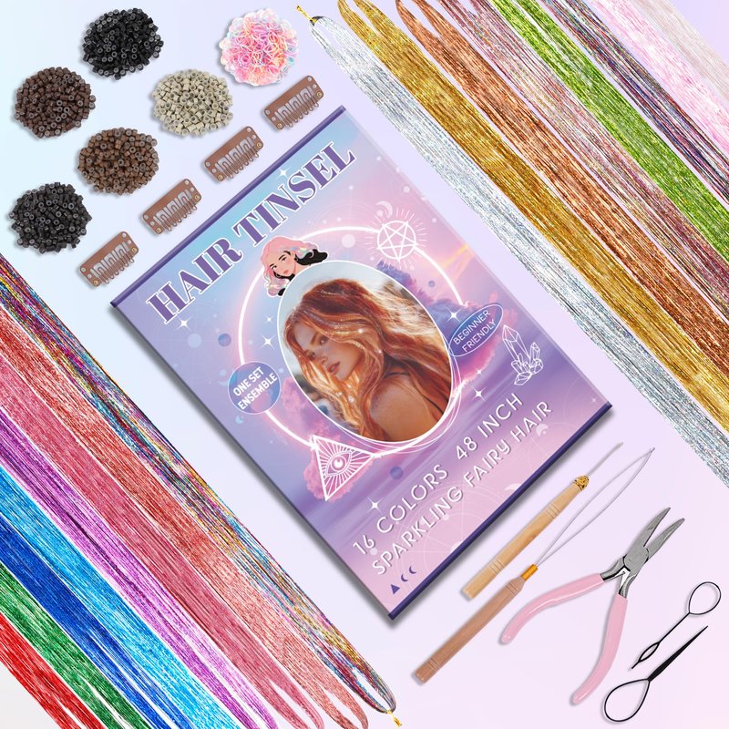 Brdlock 18 Colors Hair Tinsel, 48 Inch Hair Tinsel Kit Heat Resistant Fairy Hair Glitter Extensions Accessories for Women Girls Sparking Tinsels for Christmas Party Festival