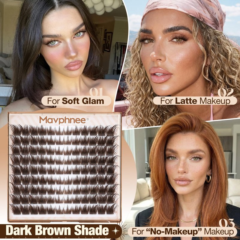 Mavphnee Brown Lash Clusters Wispy Fox Eye Eyelash Clusters Pre-Mapped 9-16MM Cluster Eyelash Extensions with Flexible Band & CC+L Curve Natural Individual Lashes For Soft Vibe