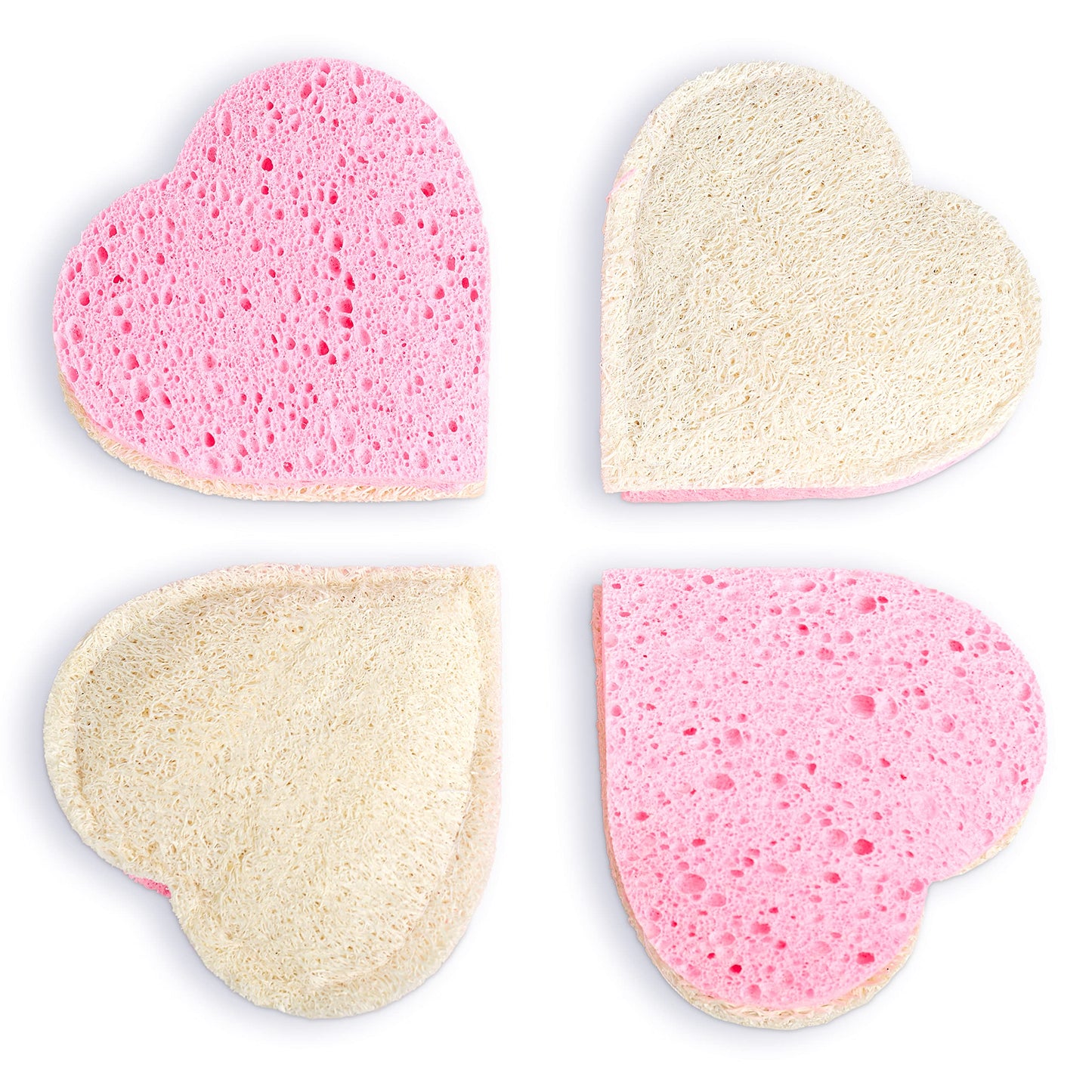 4 Pack LuffaLu Pro Sponge Loofah and Cellulose Fusion - Shower Cleaning and Exfoliating 2 Sided Coarse and Soft Spongy All-Natural Disposable Body Scrub by Fushay (Pink Hearts)