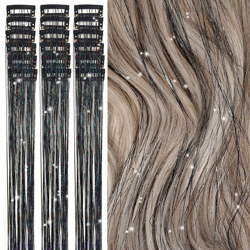 Skiennix Hair Tinsel Extensions - 20 Inch Glitter Clip-Ins | Pack of 18 for Kids & Women (Black)