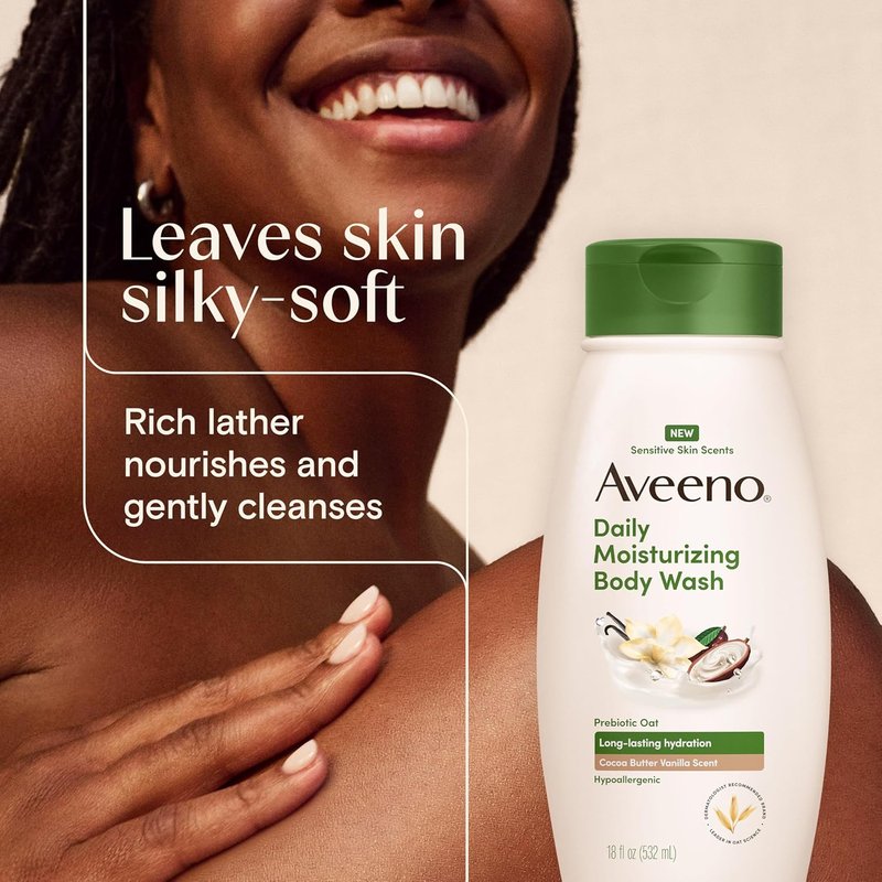 Aveeno Daily Moisturizing Body Wash - Cocoa Butter Vanilla Scent | Long-Lasting Hydration for Sensitive Skin, 18 fl. oz