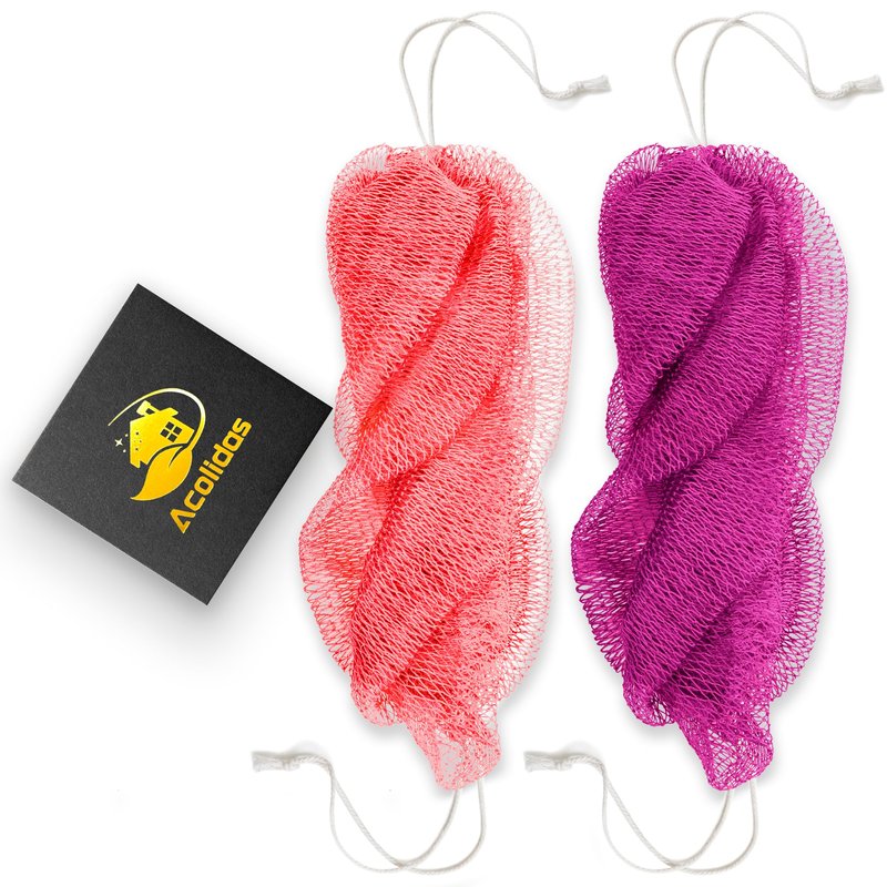 Authentic African Net Sponge Pink 2 Pack, 45 Inch Long Exfoliating Bath Net with Knots & Handles, Quick Dry Mesh Body Scrubber for Back, Shower, Face & Body, Gentle Exfoliation for All Skin Types