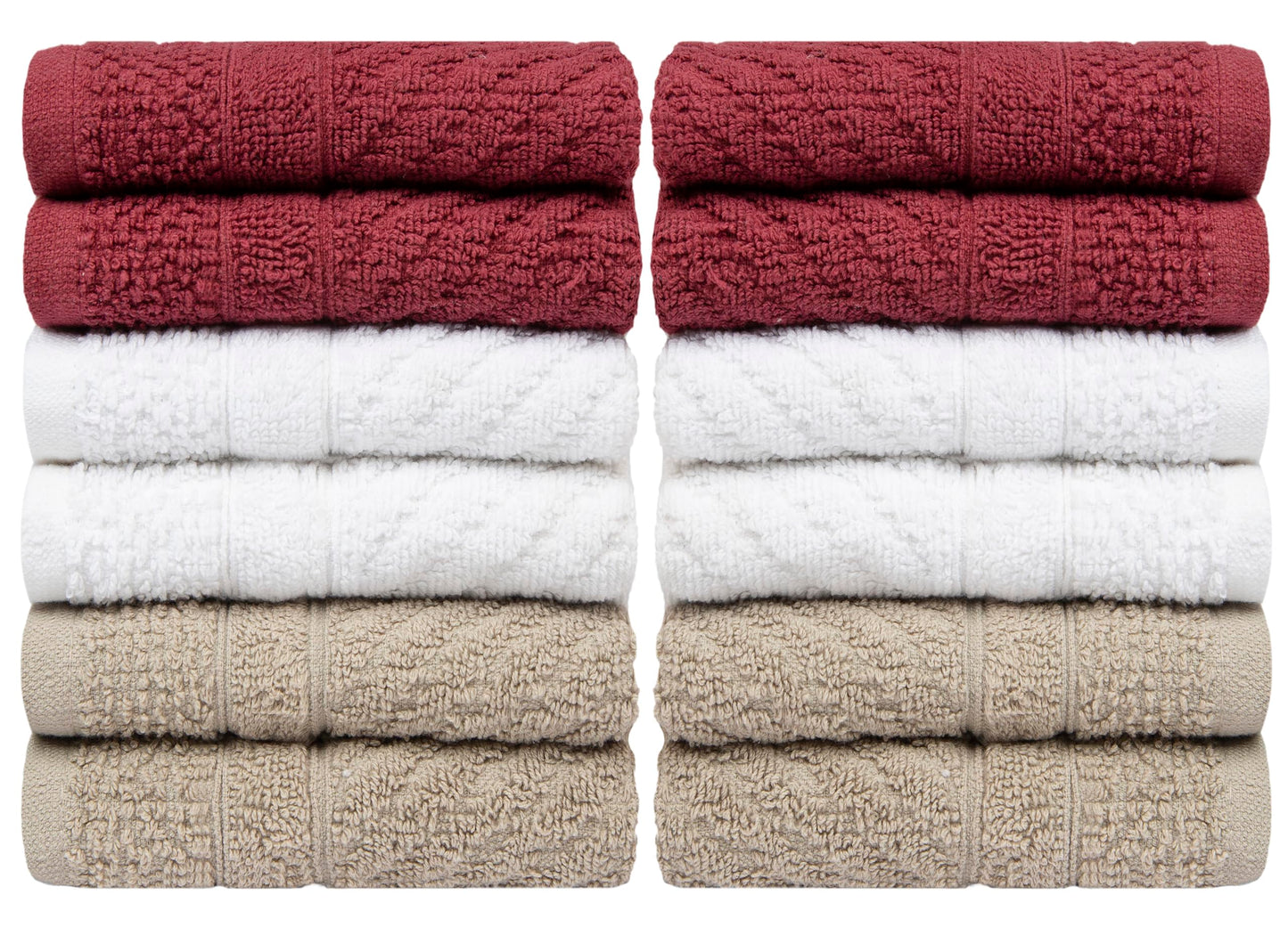 Pleasant Home Chevron Wash Cloths Set - 12 Pack (12” x 12”) – 509 GSM - 100% Ring Spun Cotton Wash Cloth - Super Soft and Highly Absorbent Face Towels (Maroon, White & Tan)