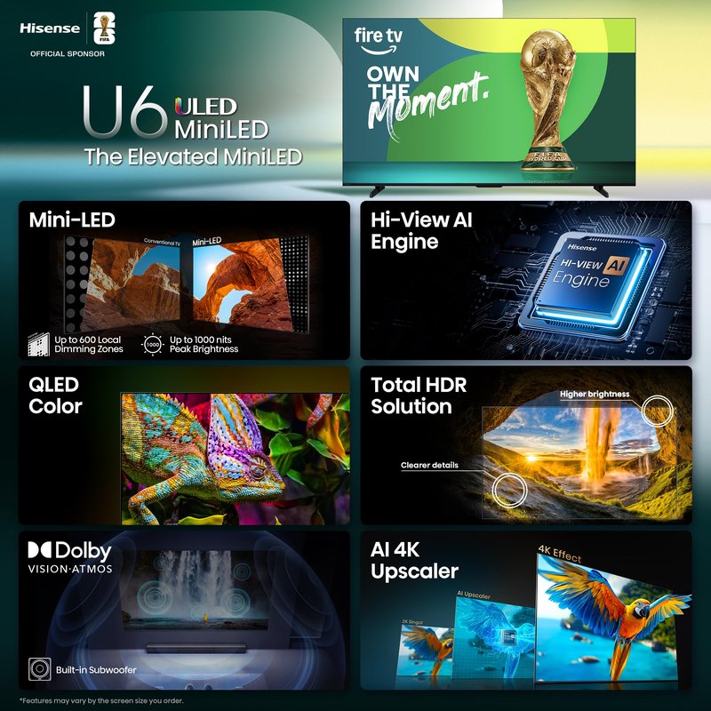 Hisense 85" Class U6 Series Mini-LED 4K UHD Smart Fire TV (85U65QF, 2025 Model) - QLED, Native 144Hz, HDR10+, Dolby Vision IQ, Dolby Atmos, Game Mode Pro, ALLM, Alexa Built in, Black