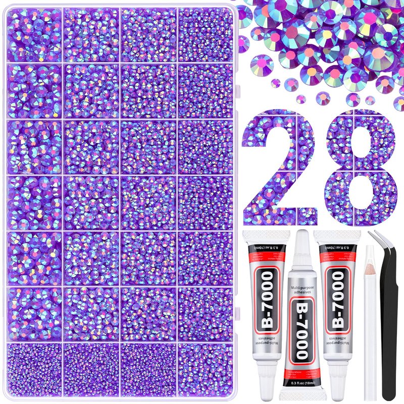 30000Pcs Resin Rhinestones for Bedazzling with Tweezers, Dark Purple AB Rhinestones for Crafting with 3Pcs 10ml B7000 Jewelry Glue for DIY Crafts Clothing Tumblers Shoes Fabric Nail Art