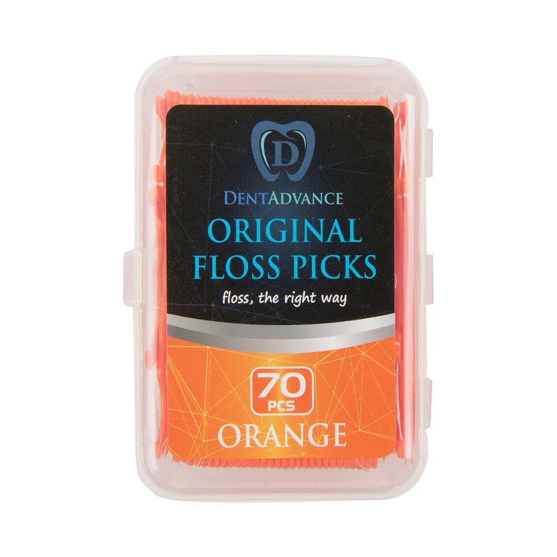 DentAdvance Original Dental Floss Picks - Easy Reach Back Teeth | Tooth Flossers |Orange, Unflavored, 70 ct, w/Travel Case