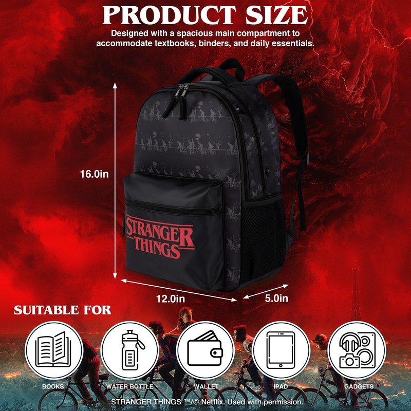 AI ACCESSORY INNOVATIONS Stranger Things Backpack with Character Graphic Pattern, Black, 16x12x5 Inches, Polyester, 3 Pockets, Water Repellent, Adjustable Straps, Padded Back