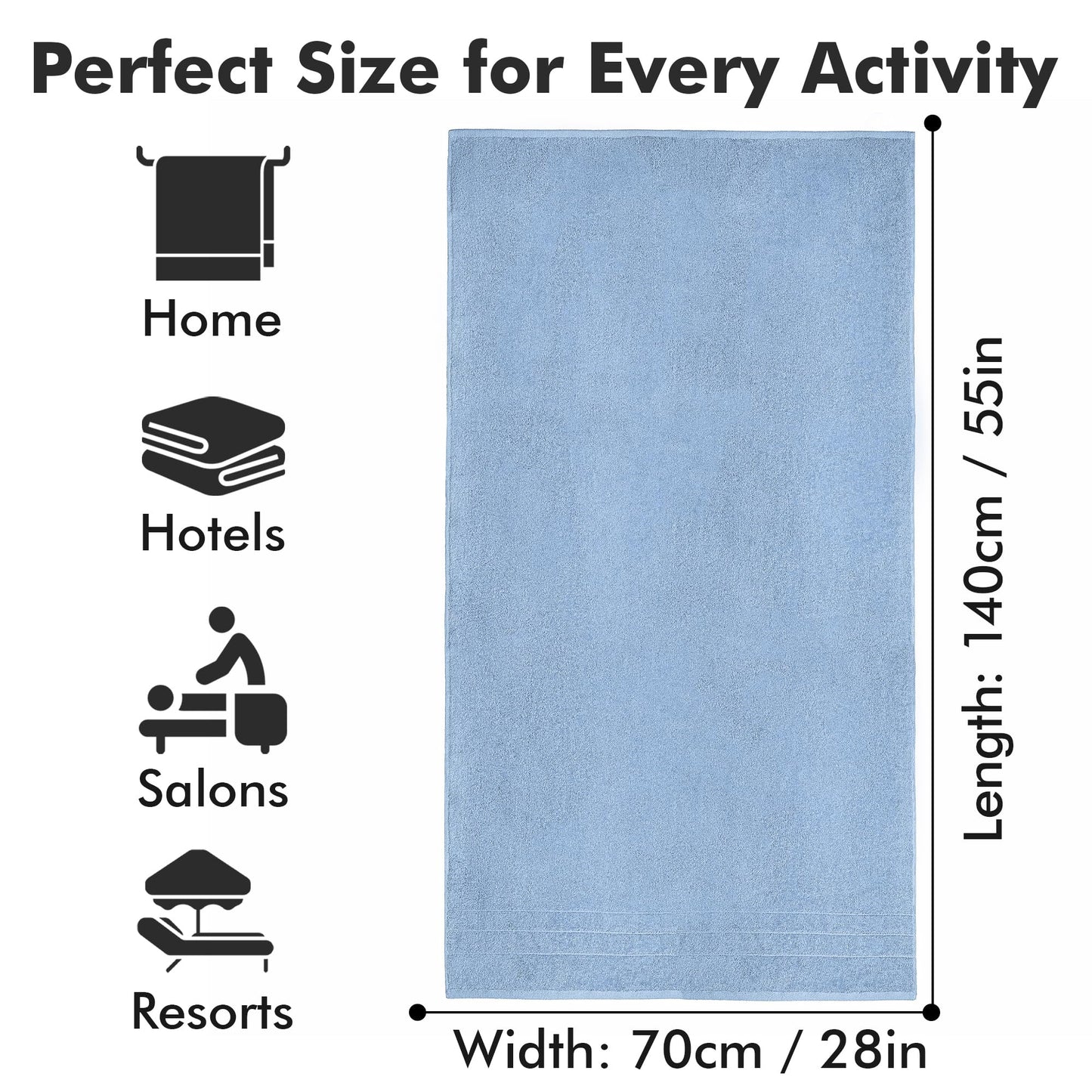 Novo Home Bath Towels Set of 4 – 100% Cotton Sky Blue Extra Large Towels for Bathroom, Spa Use (55x28 in) – Super Soft and Quick Dry Large Bath Sheets for Adults