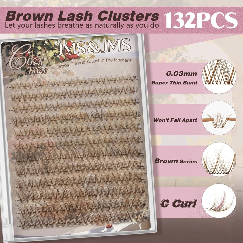 JMS&JMS Brown Lash Clusters Natural Wispy Lash Clusters Brown Eyelash Clusters Clear Band C Curl DIY Cluster Lashes 8-16mm