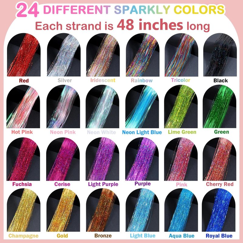 Revahope 8400 STRANDS Hair Tinsel Kit for Girls, 24 Colors 48 Inches Fairy Hair Tinsel Kit Heat Resistance Colorful Glitter Hair Extensions with Tools for Party Concert