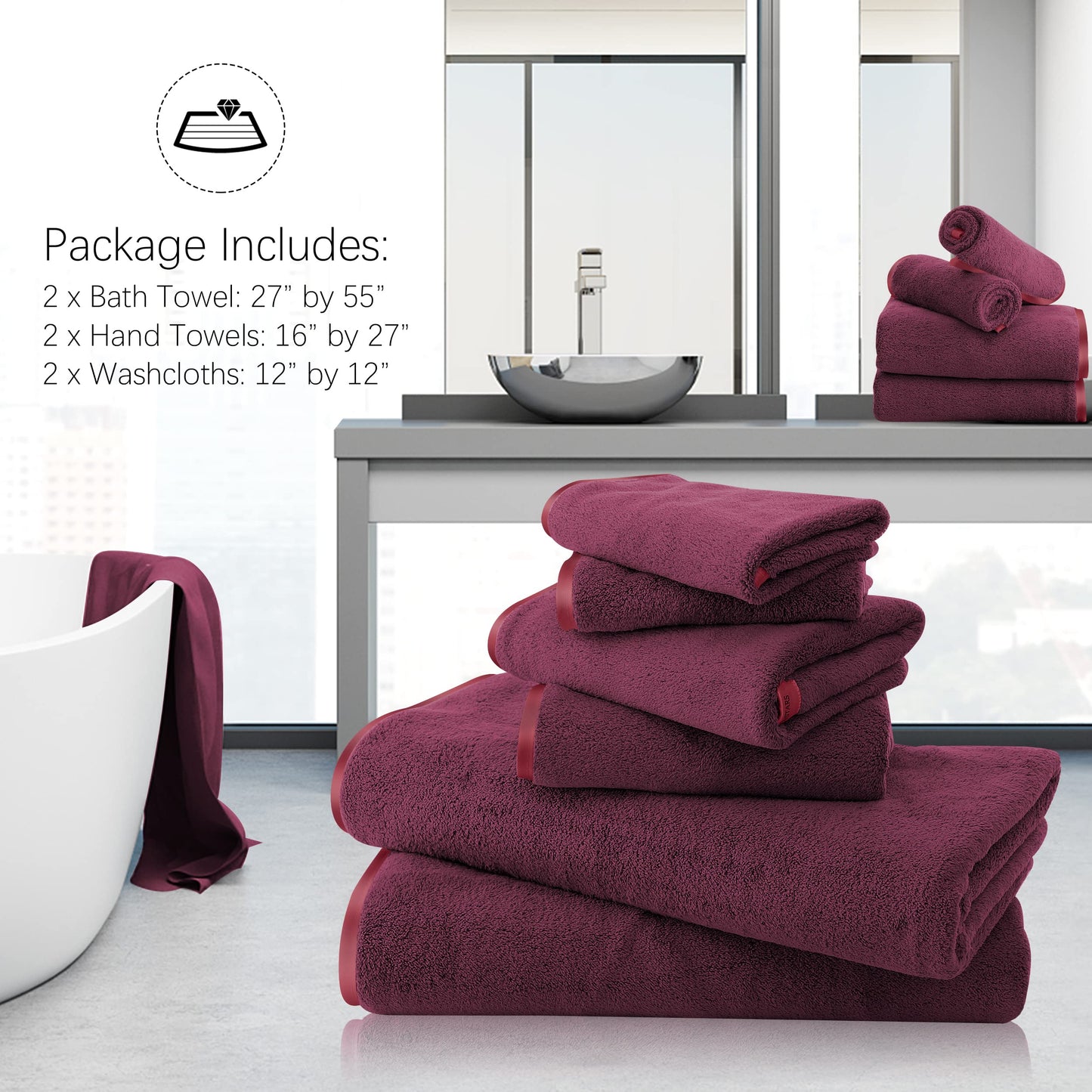 TENSTARS Microfiber Coral Velvet Luxury Silk Hemming Towel Set - Light Thin Quick Drying - 2 Bath Towels, 2 Hand Towels, 2 Washcloths - Burgundy 6 Pieces