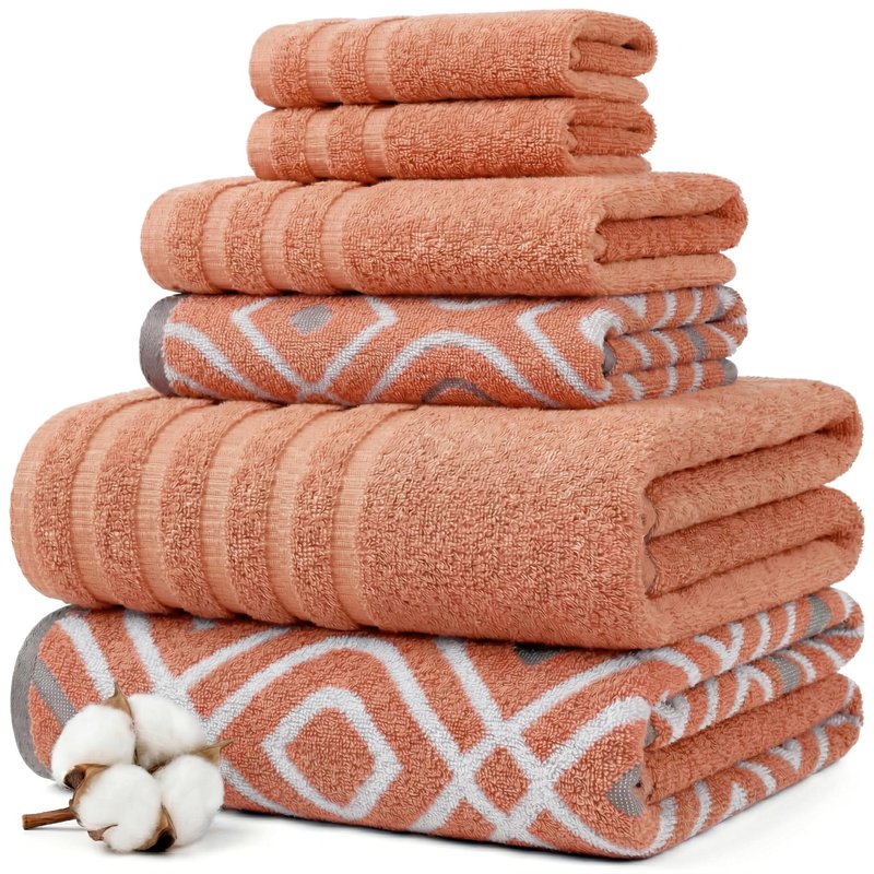 Modern Threads 6 Piece Bath Towel Set – Bathroom Set with 2 Bath Towels, 2 Hand Towels, and 2 Wash Cloths – 100% Cotton, Super Absorbent & Extra Soft – Reversible Classic Diamond (Rust Orange)