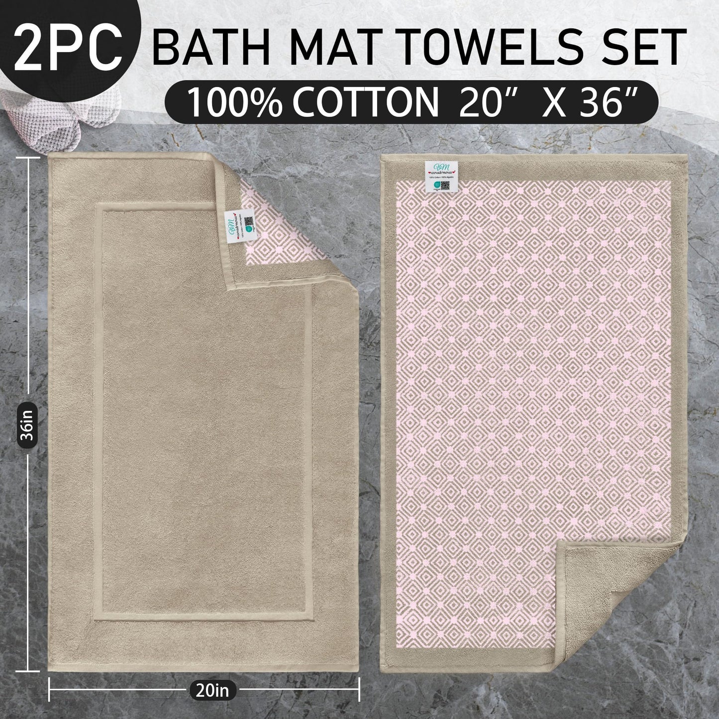VOOVA & MOVAS Beige Frame 2-Piece Bath Runner Set (20"x36" Extra Long) - 982 GSM Hotel Style Cotton, Ultra Plush, Non-Slip & Machine Washable