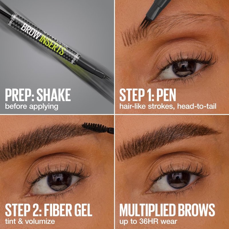Maybelline Brow Inserts Eyebrow Pen, Micro Needle Shaped 2-In-1 Dual-Ended Brow Makeup Pen and Gel, Water-Resistant, Smudge Proof for Up to 36-HR Wear, Black Brown