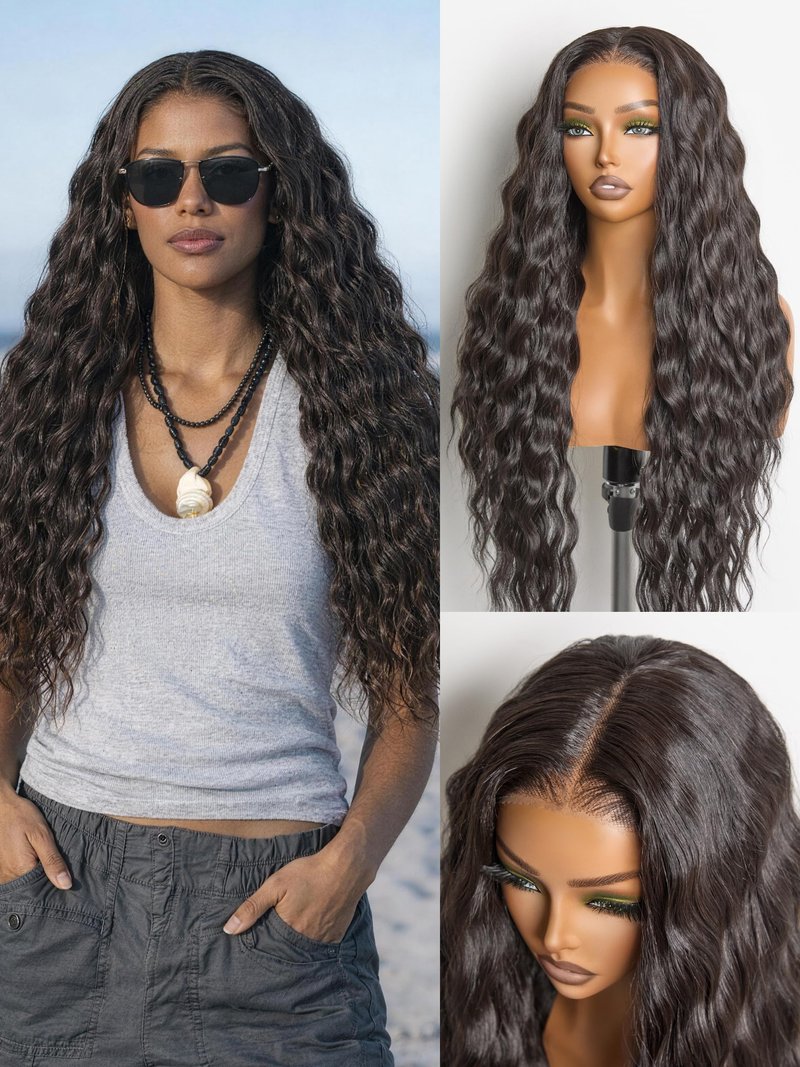 Frodio Veralux™ Blend Human Hair Easy Throw On Lace Wig Boho Curly Ocean Wave Lace Front Wigs Glueless Lace Wig Beginner Friendly 28 Inch HD Lace Glueless Wigs Natural Black Color