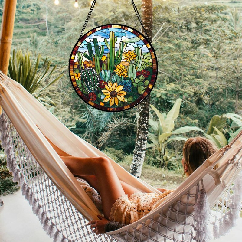 QZQCBLC Stained Glass Window Hanging Green Cactus with Yellow Flowers Large 15" - Suncatcher Door Garden Sun Catcher Home Decor Birthday Christmas for Mom Men Woman Friend Nana