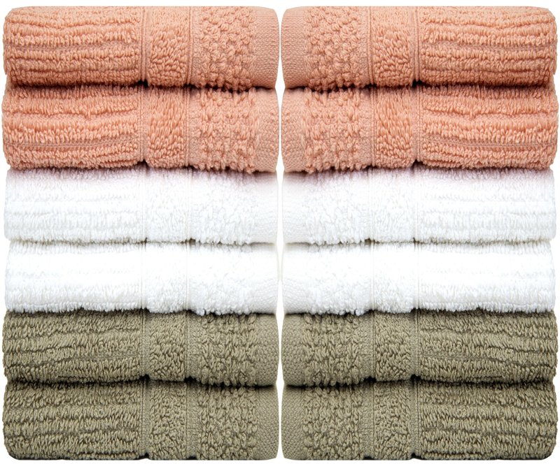 PH Pleasant Home Ribbed Wash Cloths Set - 12 Pack (12” x 12”) – 509 GSM - 100% Ring Spun Cotton Wash Cloth - Super Soft and Highly Absorbent Face Towels (Blush,White & Tan)