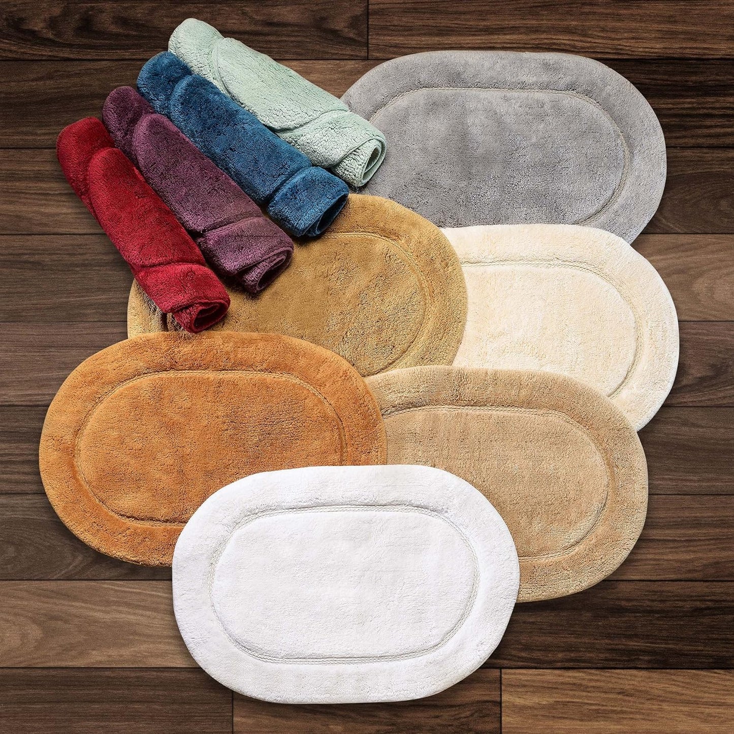 Superior Non-Slip 2 Piece Bath Rug Set, Ultra Plush, Soft and Absorbent 100% Combed Cotton Pile - Traditional Oval Bath Mat Set, Silver
