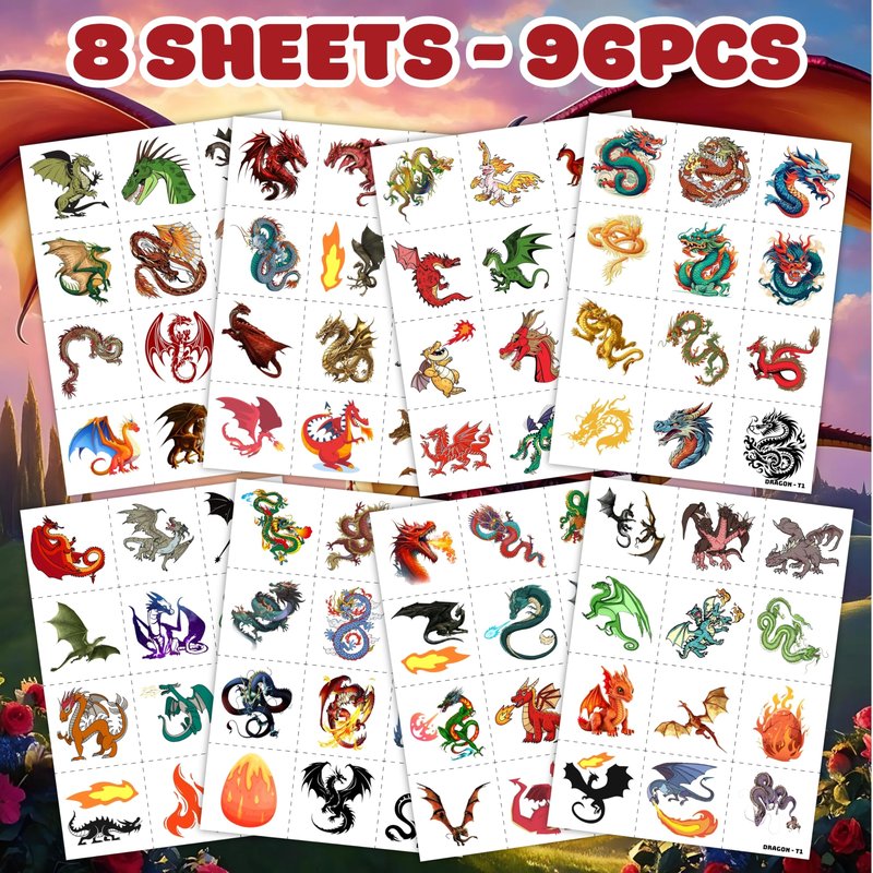 96PCS Dragon Pre-cut Temporary Tattoos Birthday Party Supplies Favors Decorations Knight Dragon Super Cute Fake Tattoos Stickers for Kids Boys Girls School Classroom Rewards Gifts Ideal Halloween