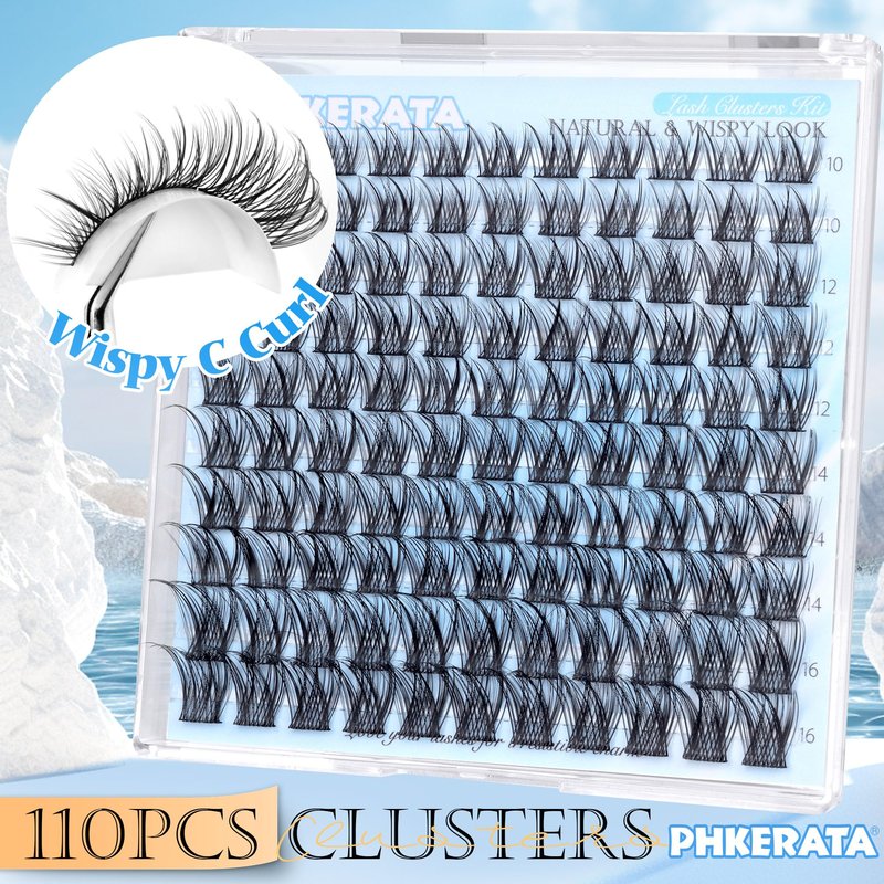 PHKERATA Natural Lash Clusters Wispy Eyelash Clusters, Eyelash Extensions C Curl Individual Lashes, Mix Length Natural Look Lashes with Thin Lash Band, 10-16mm, 110 pcs