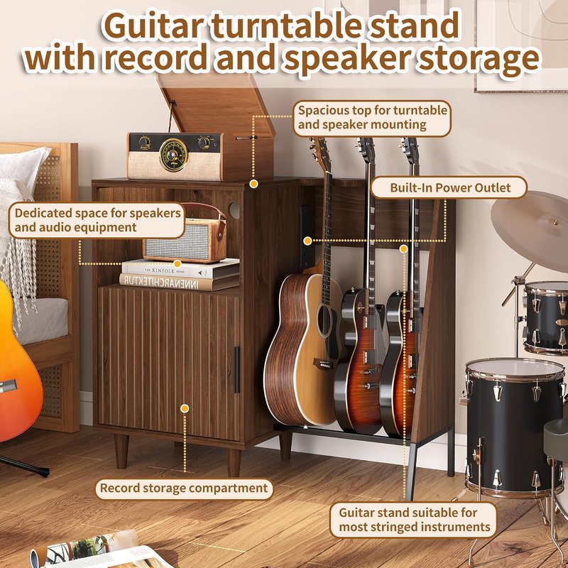 Guitar Stand with Vinyl Record Storage - Multi-Guitar Holder & Power Outlet | Ideal for Acoustic, Electric, Bass, Amp