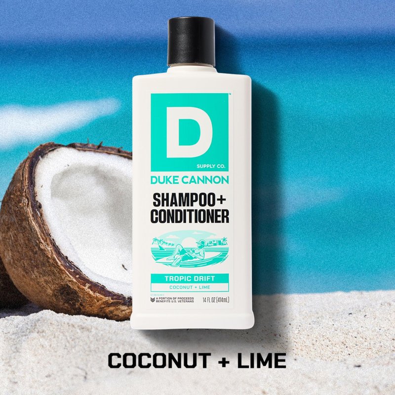 Duke Cannon Supply Co. 2-in-1 Shampoo and Conditioner for Men – Tropic Drift Scent, Coconut & Lime, Tea Tree & Menthol, Strengthening Formula with Barley Protein, 14 oz