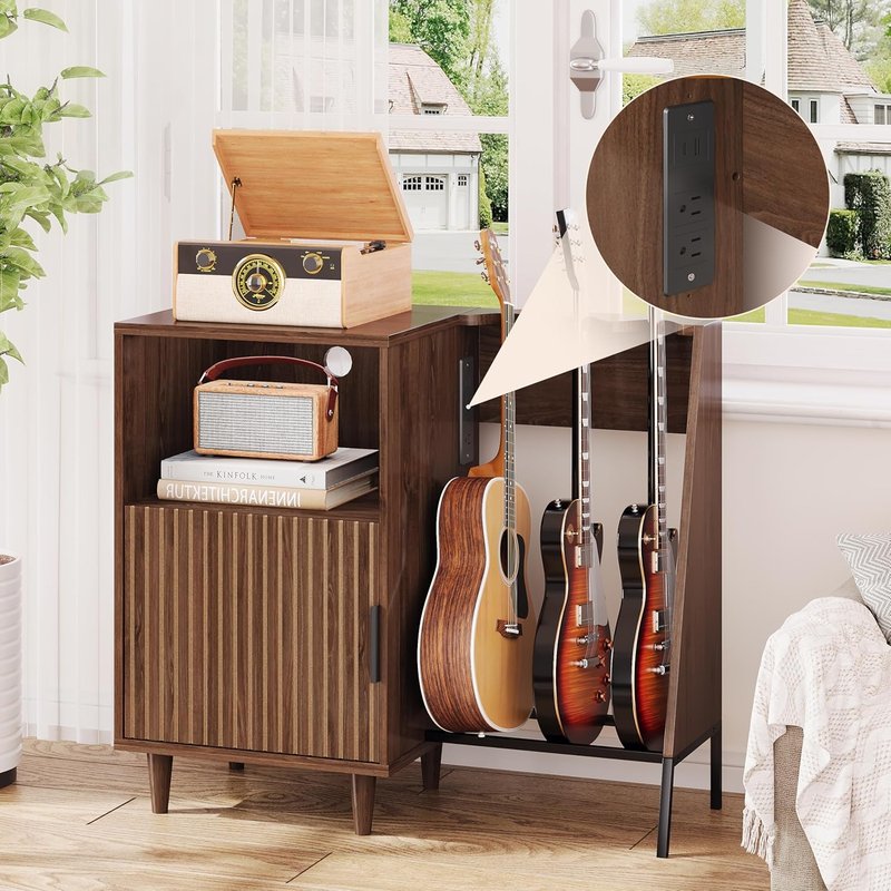 Guitar Stand with Vinyl Record Storage - Multi-Guitar Holder & Power Outlet | Ideal for Acoustic, Electric, Bass, Amp