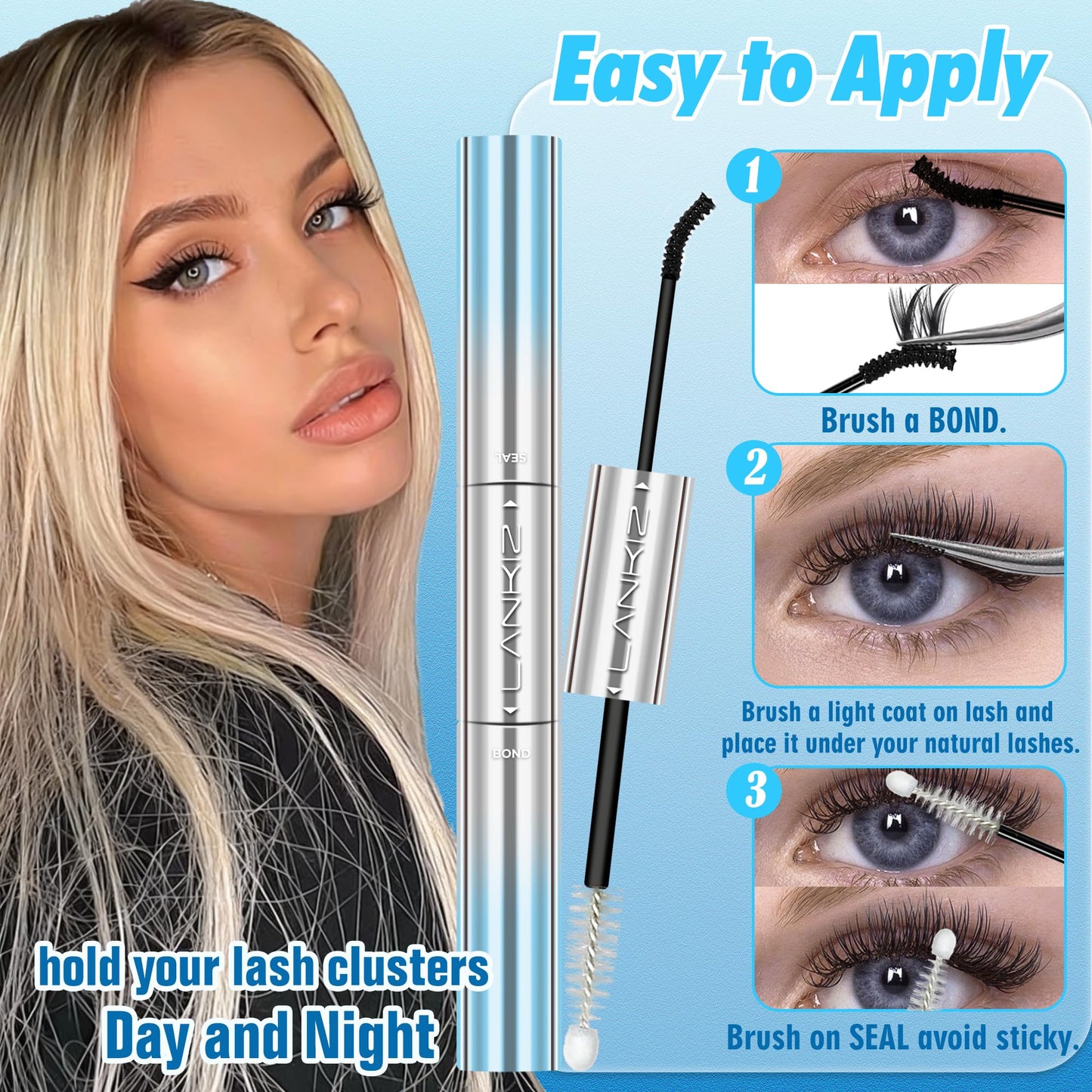 Waterproof Lash Cluster Glue for Shower/Washing/Swimming, 72H Long-Lasting Hold for Sensitive Eyes, Hypoallergenic Lash Bond and Seal for Eyelash Cluster DIY Lash Extensions, Beginner Friendly, LANKIZ