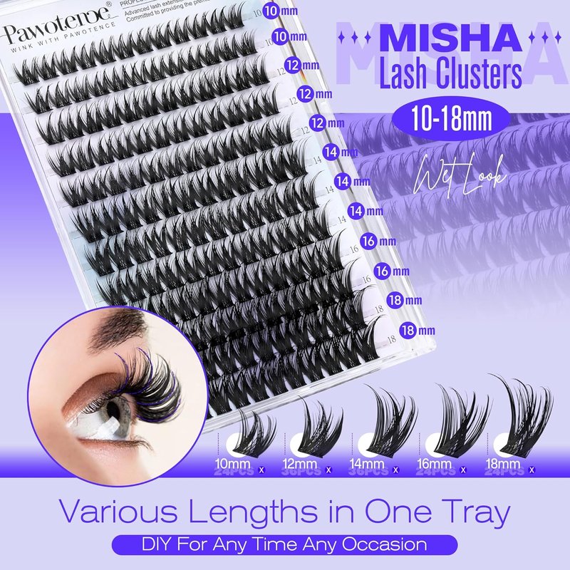 Pawotence Misha Lashes - Wispy Cluster Eyelash Extensions | 144pcs Soft & Comfortable 10-18mm DIY Lashes
