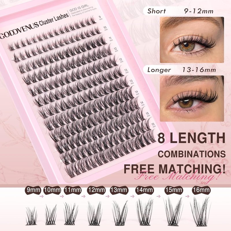 Goddvenus Lash Clusters Kit - DIY Wispy Eyelash Extensions with Waterproof Glue & Tweezers | 192pcs D Curl