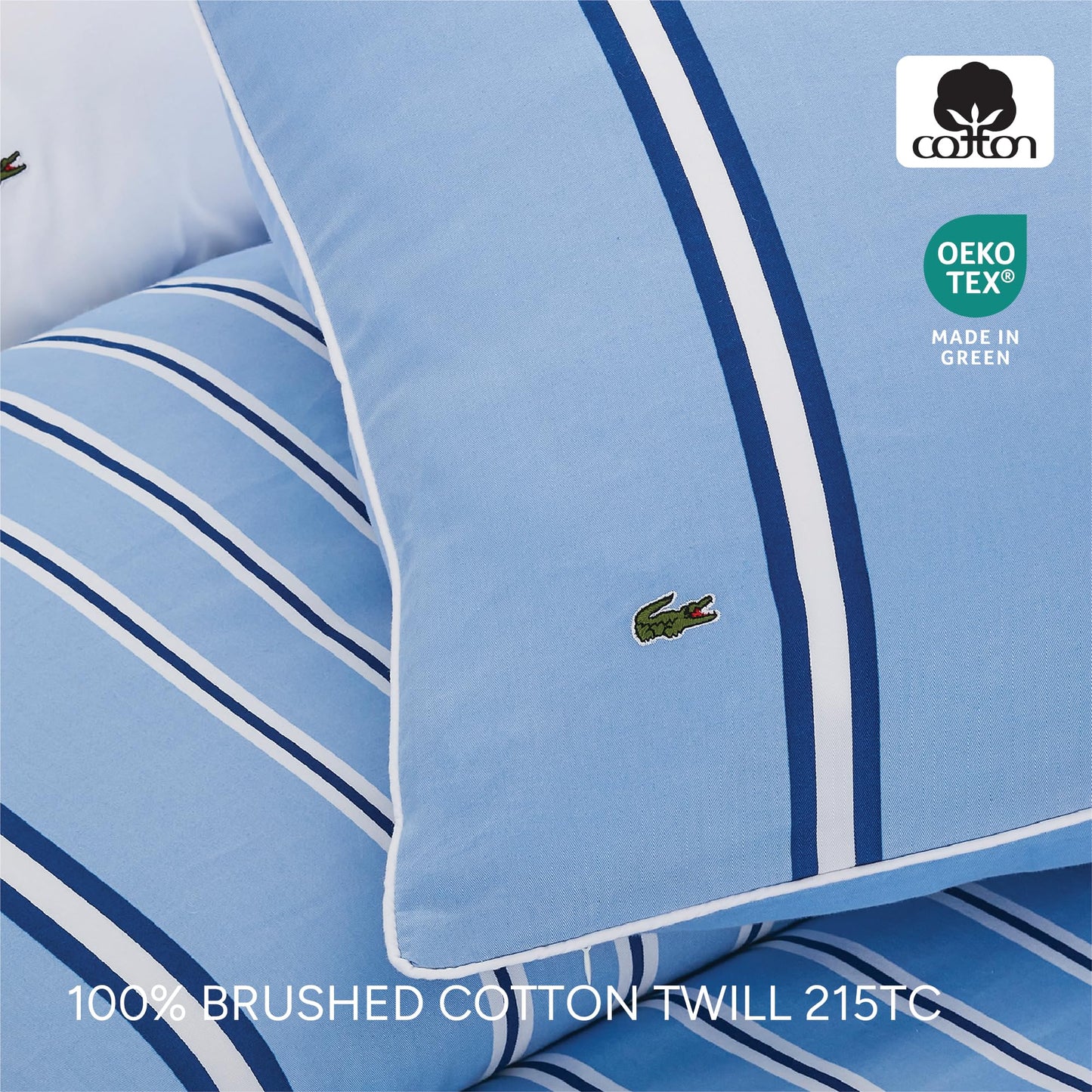 Lacoste Hollis Stripe Comforter Set, 100% Cotton Brushed Twill, Reversible Duvet with Pillow Shams, Soft & Fluffy Hotel-Style Bedding, Blue, Twin