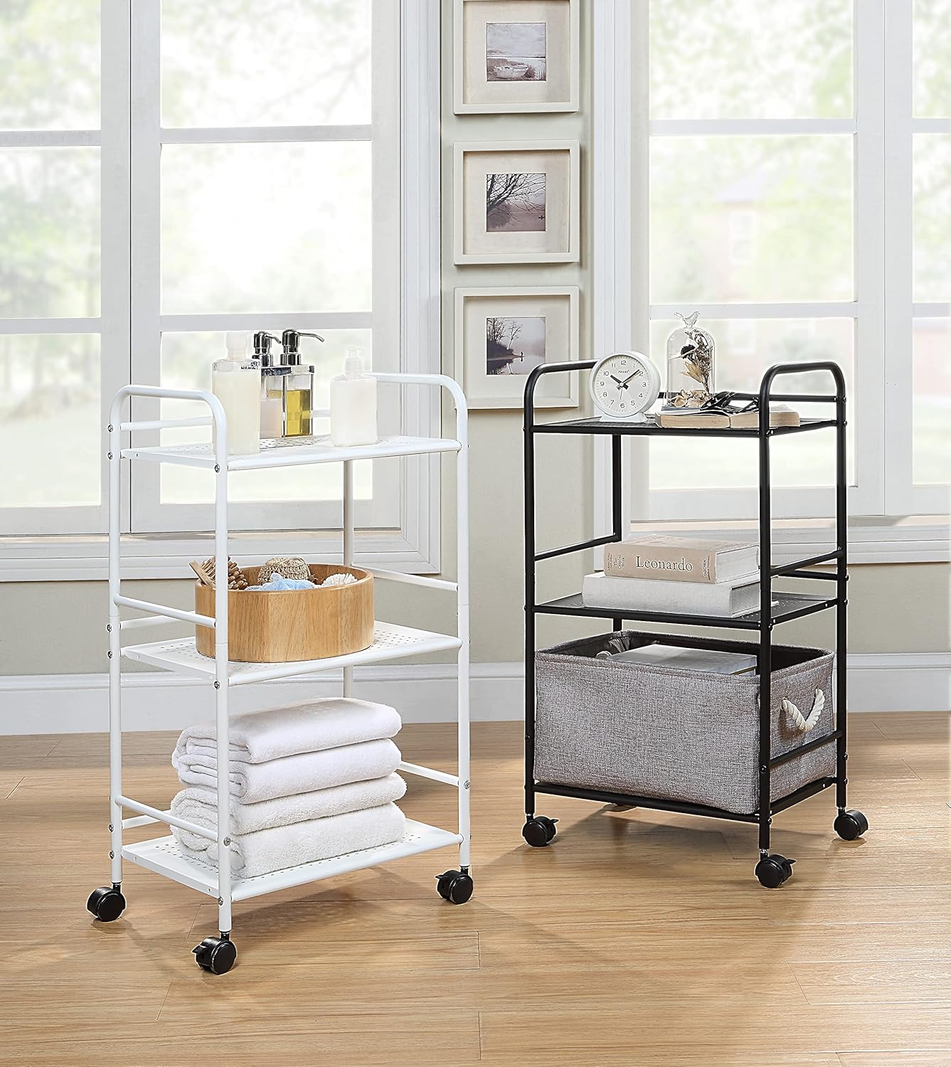 SunnyPoint 3-Tier Rolling Utility Cart - Metal Storage Organizer with Wheels | Mobile Kitchen & Office Cart, White, 12"D x 16.92"W x 31.1"H