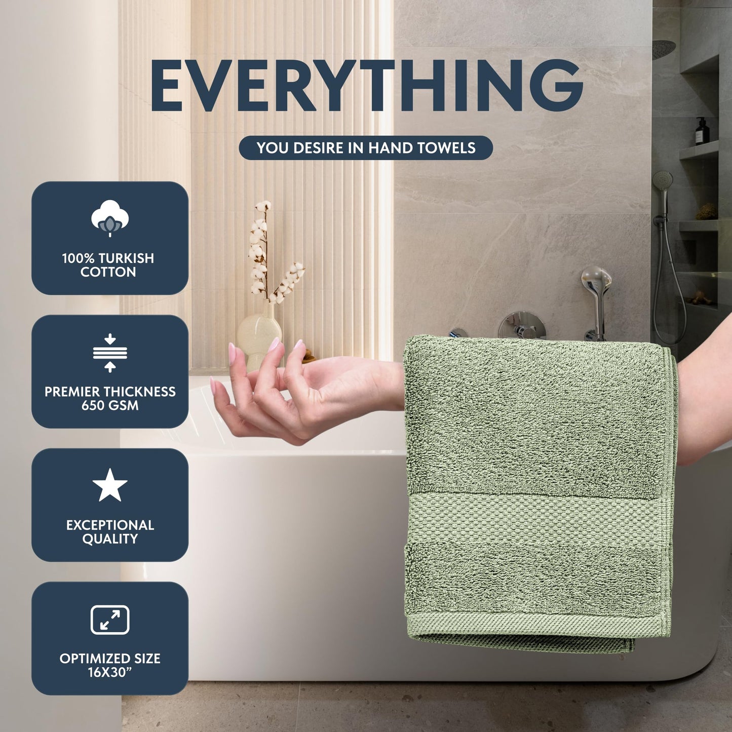 White Classic Luxury Light Green Hand Towels - Soft 100% Turkish Cotton | Highly Absorbent Hotel spa Bathroom Towel Collection | 16x30 Inch | Set of 6